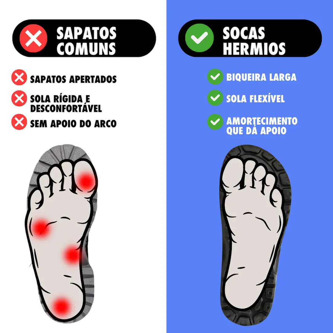 Sapatos comuns comparados com as socas Hermios